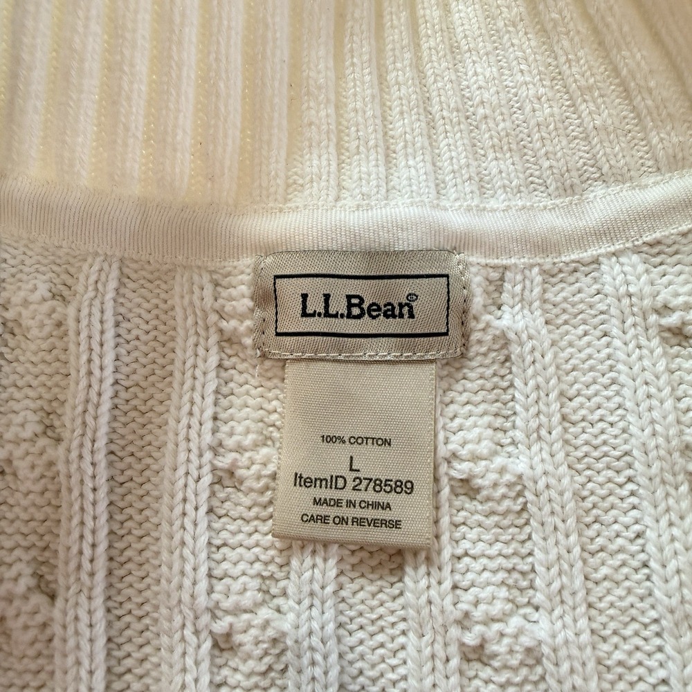 LL Bean Ivory Mock Neck Full Zip Cable Cotton Cardigan Sweater Size LARGE - Picture 9 of 9